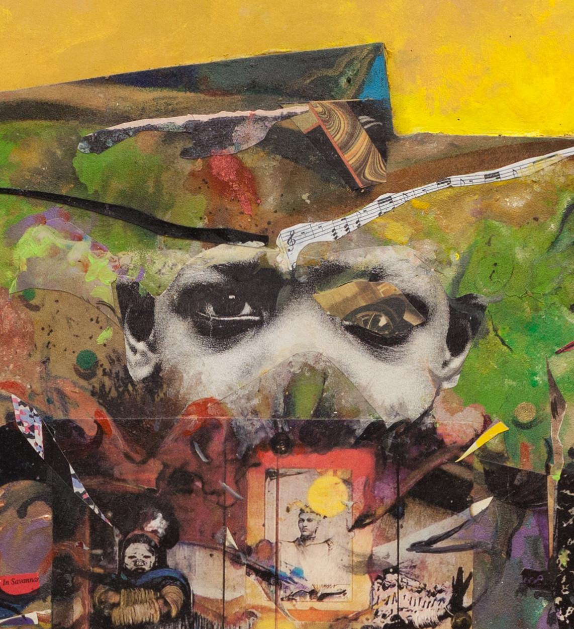 Gatekeeper: abstract African American collage painting w/ Black figures, yellow - Painting by Richard J. Watson