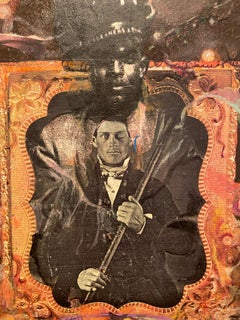 Night Watchers: African American collage painting w/ Black figures, red pink