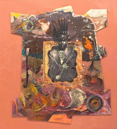Night Watchers: African American collage painting w/ Black figures, red pink