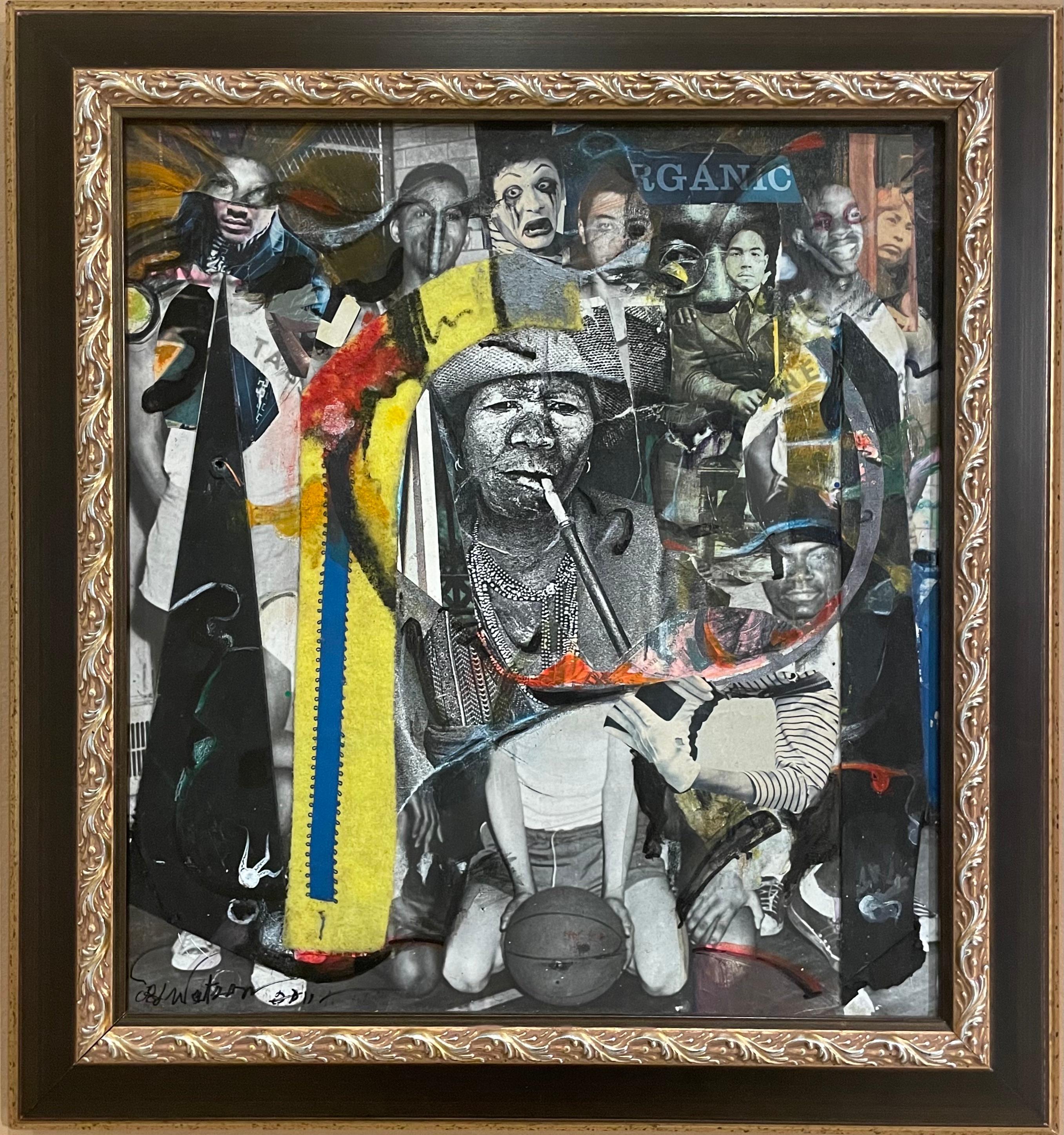 Richard J. Watson Figurative Painting - Pipe Dreams: African American collage painting w/ photographs figures, objects