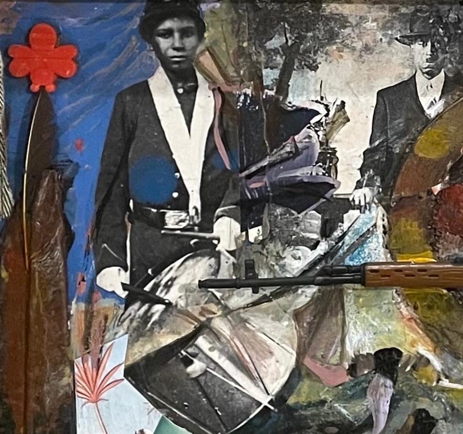 Same Tune, Different Drummer: abstract painting w/ found objects, military items - Painting by Richard J. Watson