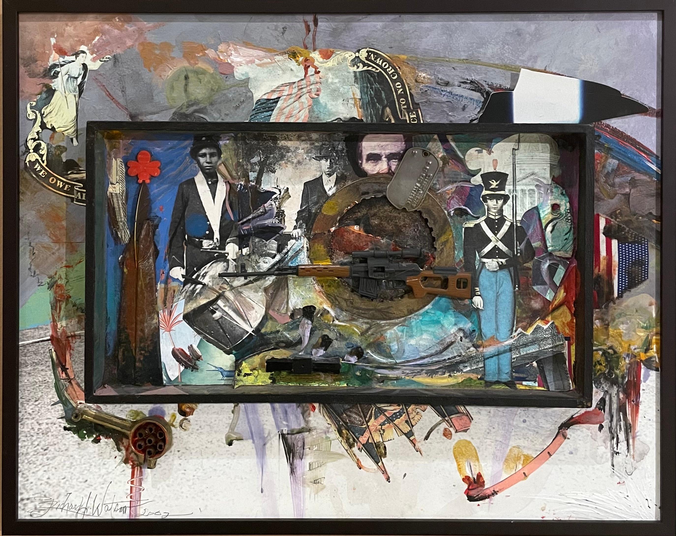 Richard J. Watson Figurative Painting - Same Tune, Different Drummer: abstract painting w/ found objects, military items