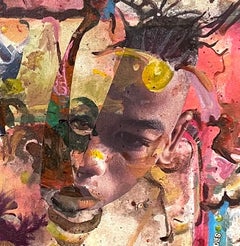 Bouteilles et selles : peinture de collage africaine américaine avec figures noires, vert