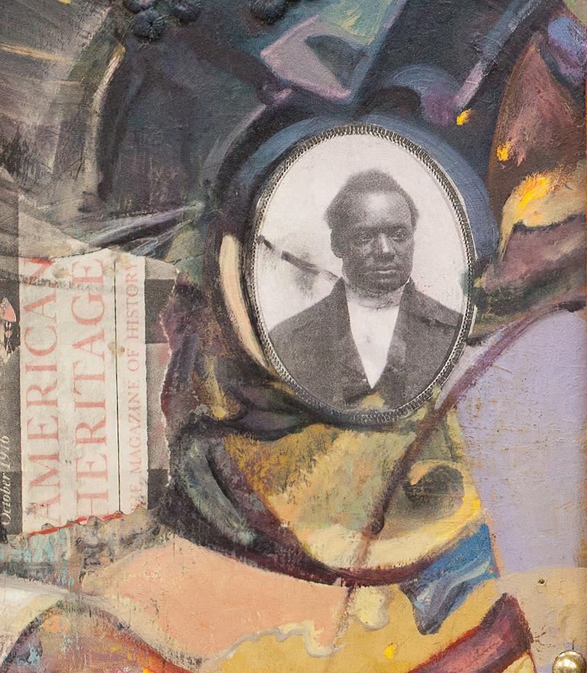 Southern Breezes: abstract painting w/ found objects, photographs, Black figures - Painting by Richard J. Watson