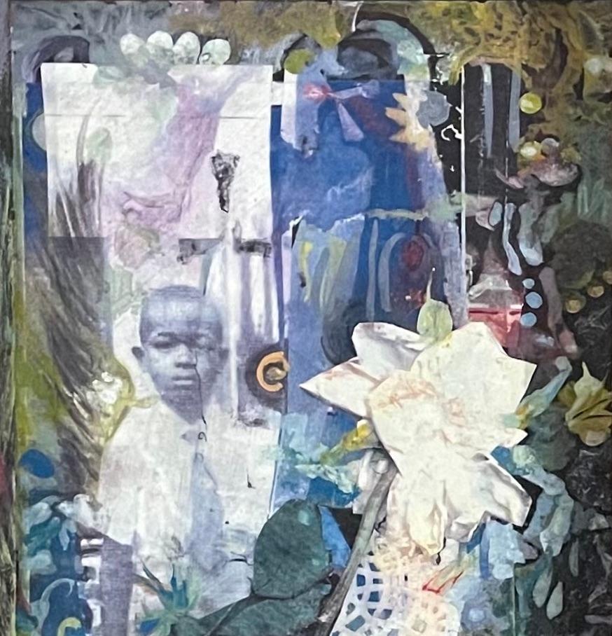 The Known Soldier: abstract painting w/ found objects, photographs, Black figure - Abstract Painting by Richard J. Watson