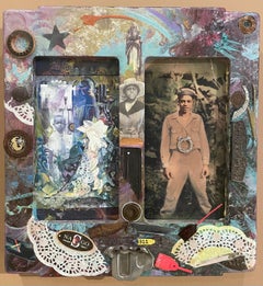 The Known Soldier: abstract painting w/ found objects, photographs, Black figure