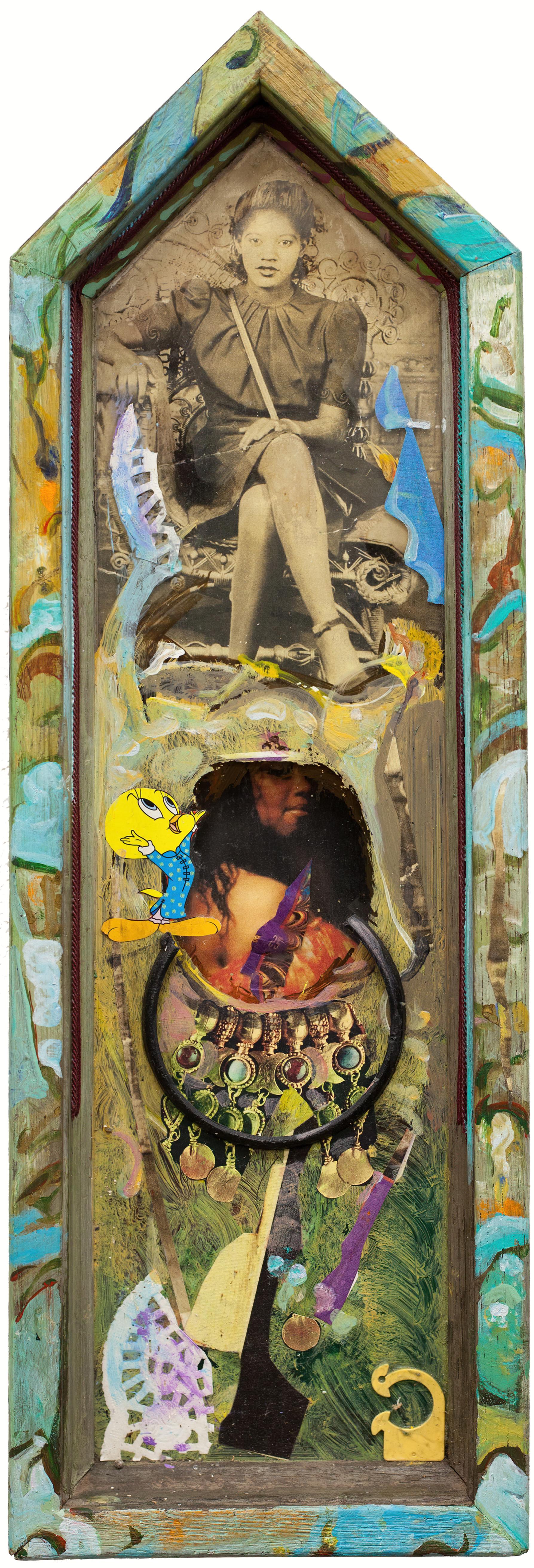 3-part painting construction by Black African American artist, w/ found objects - Abstract Sculpture by Richard J. Watson