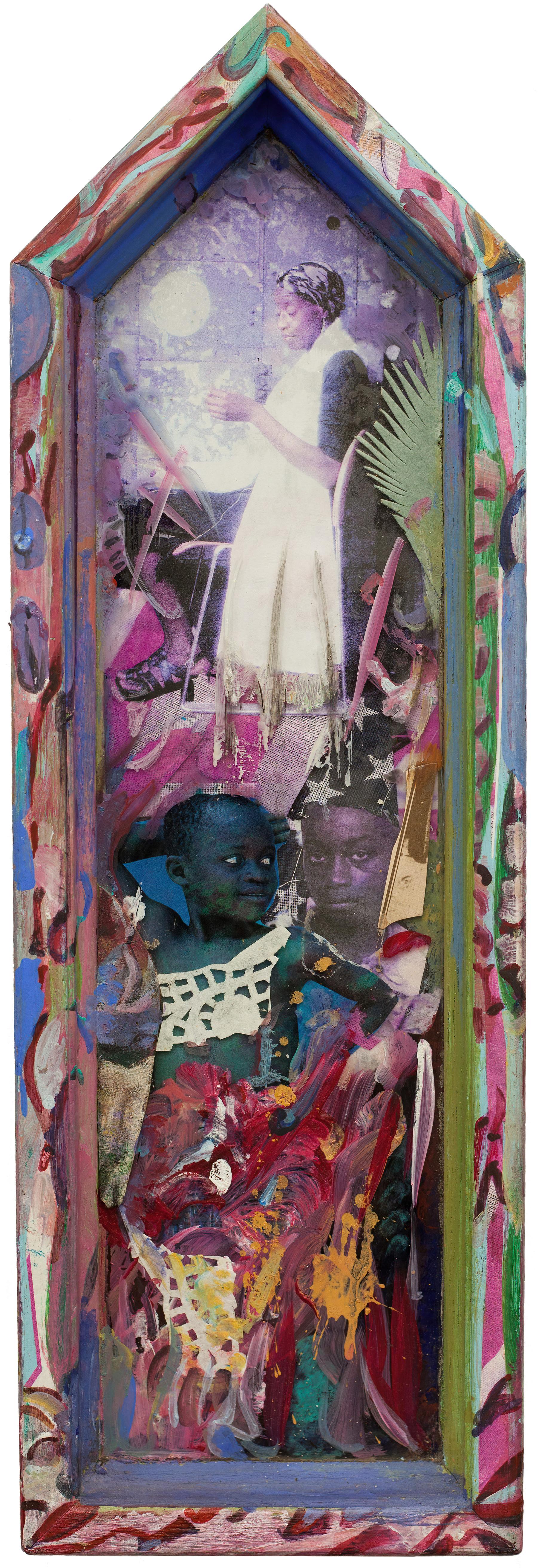 This is an 3-part painting / construction (assemblage) created from acrylic paint, wood, glass, and found objects. It includes several historic photograph of figures as well as many scenes from Black African American cultural history. Each piece