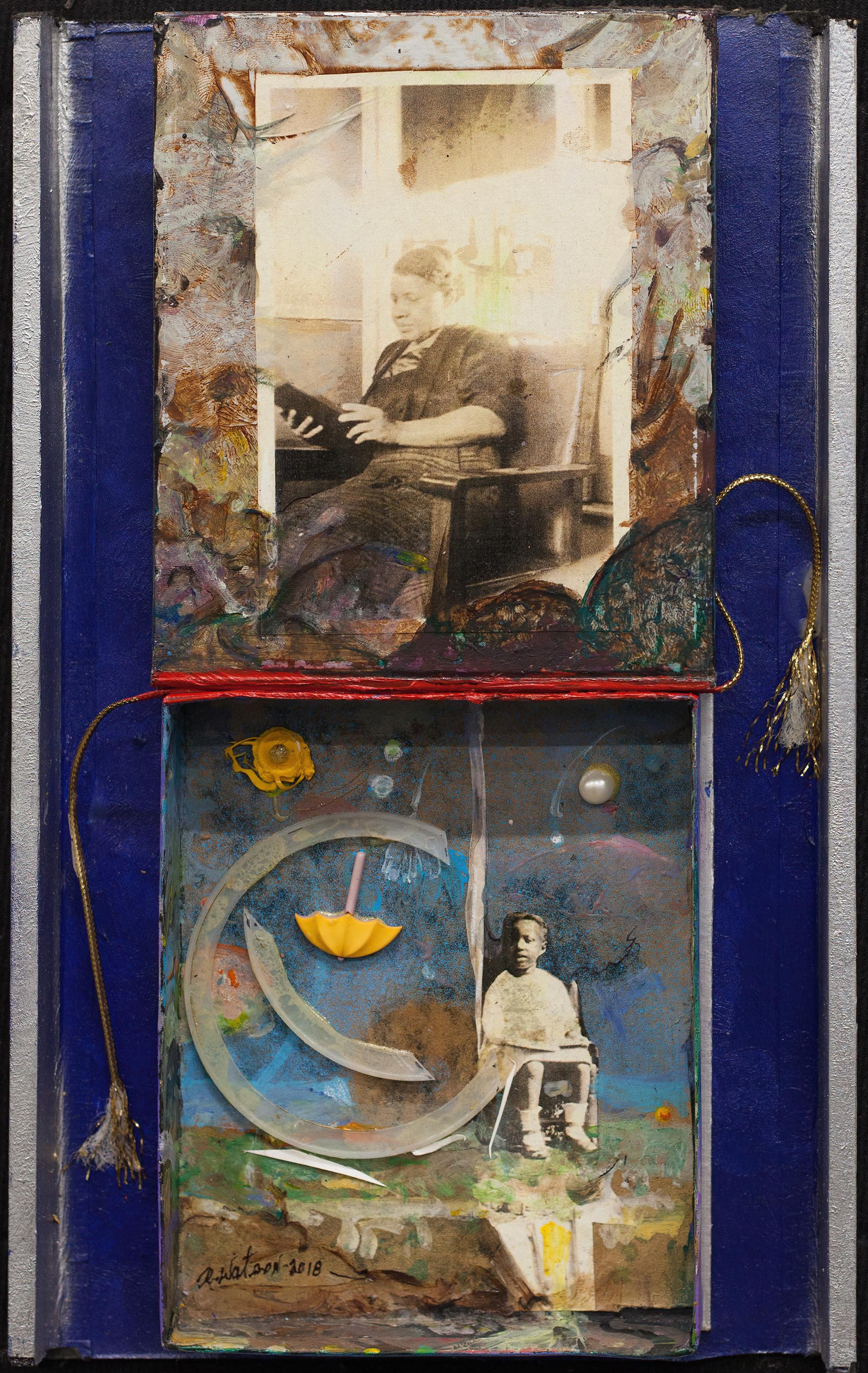 Richard J. Watson Figurative Sculpture - Catching Blessings: shadow box painting & collage w/ figures & found objects