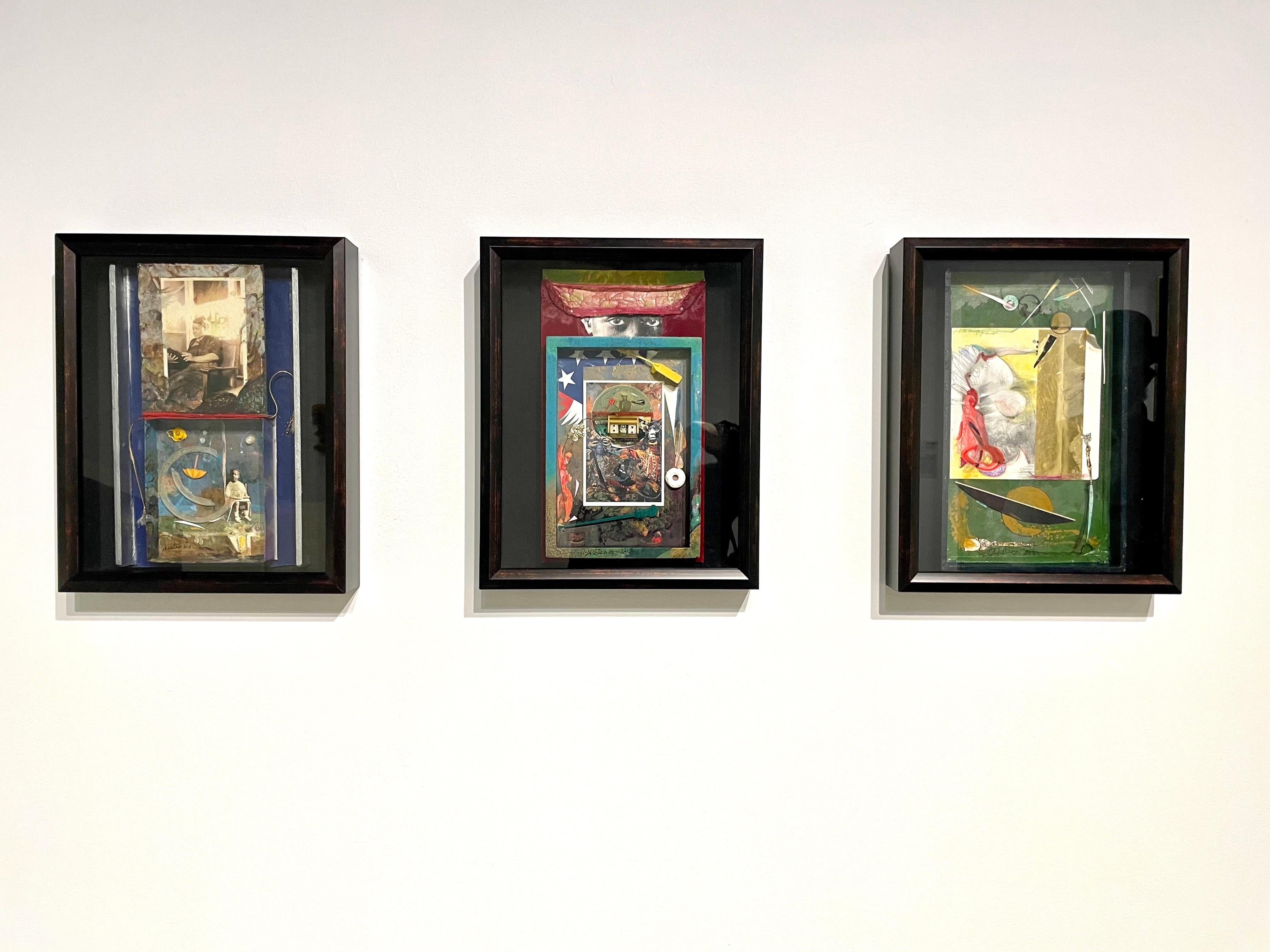 Protectors and Saints: shadow box painting & collage w/ figures & found objects - Sculpture by Richard J. Watson