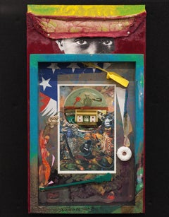 Protectors and Saints: shadow box painting & collage w/ figures & found objects
