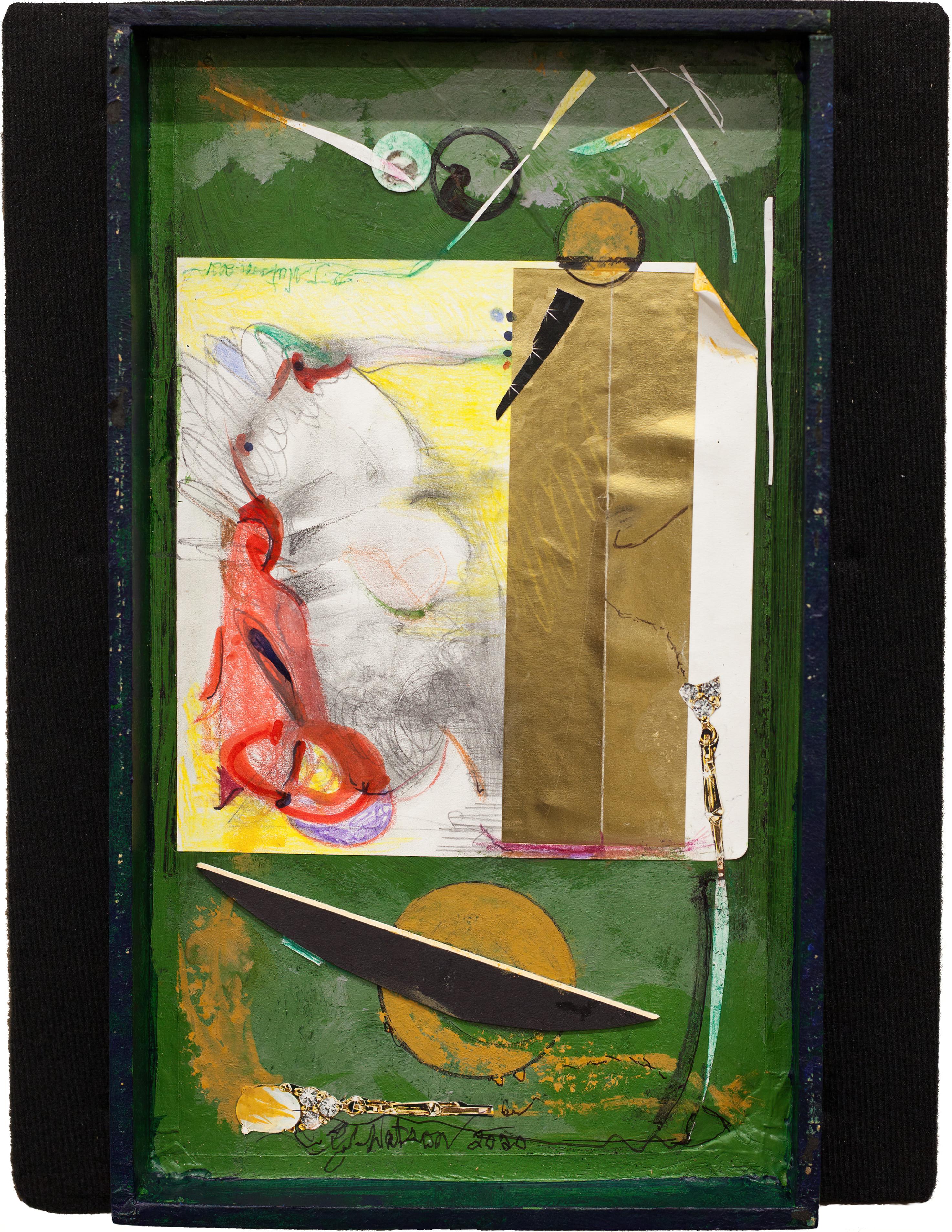 Whistle A Happy Tune: shadow box painting & collage w/ figures & found objects