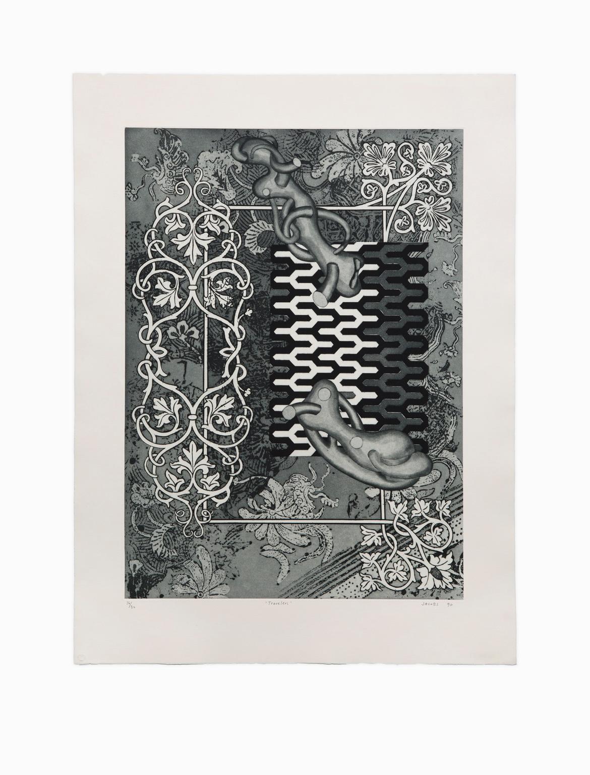 Richard Jacobs Abstract Print – ""Travelers", Abstrakte Kaltnadelradierung und Aquatinta, nummeriert und signiert