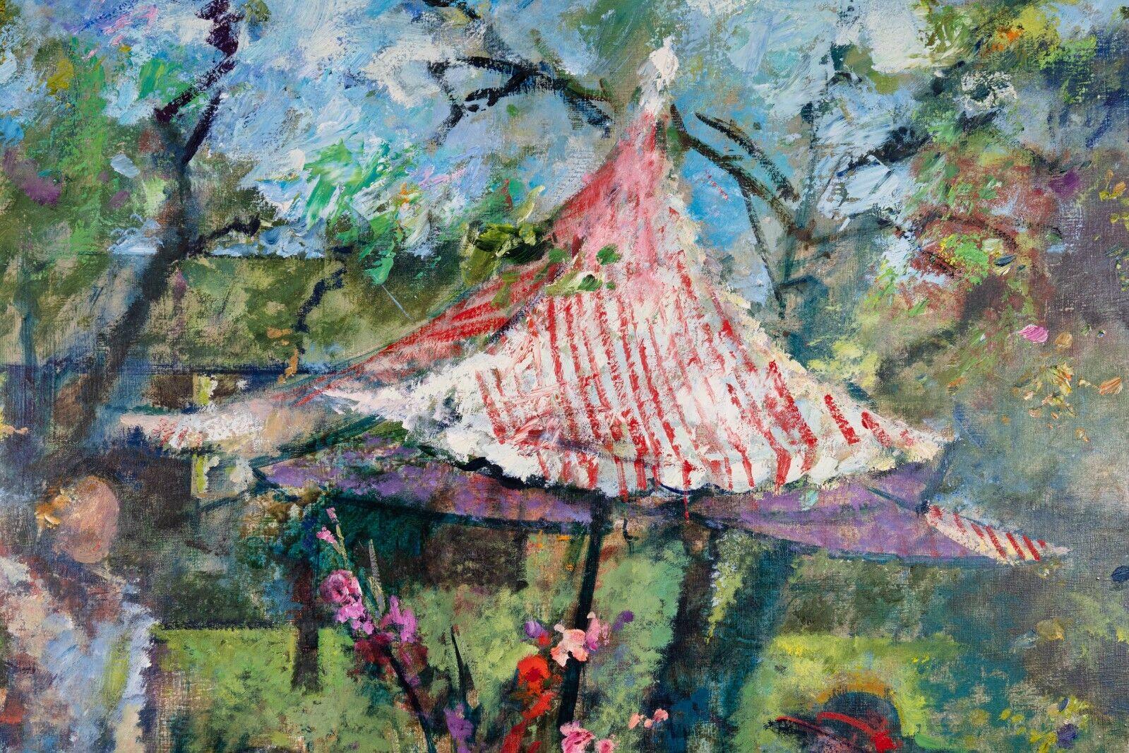 Late 20th Century Richard Jerzy Under the Chinese Umbrella Signed Impressionism Oil Painting 1988 For Sale