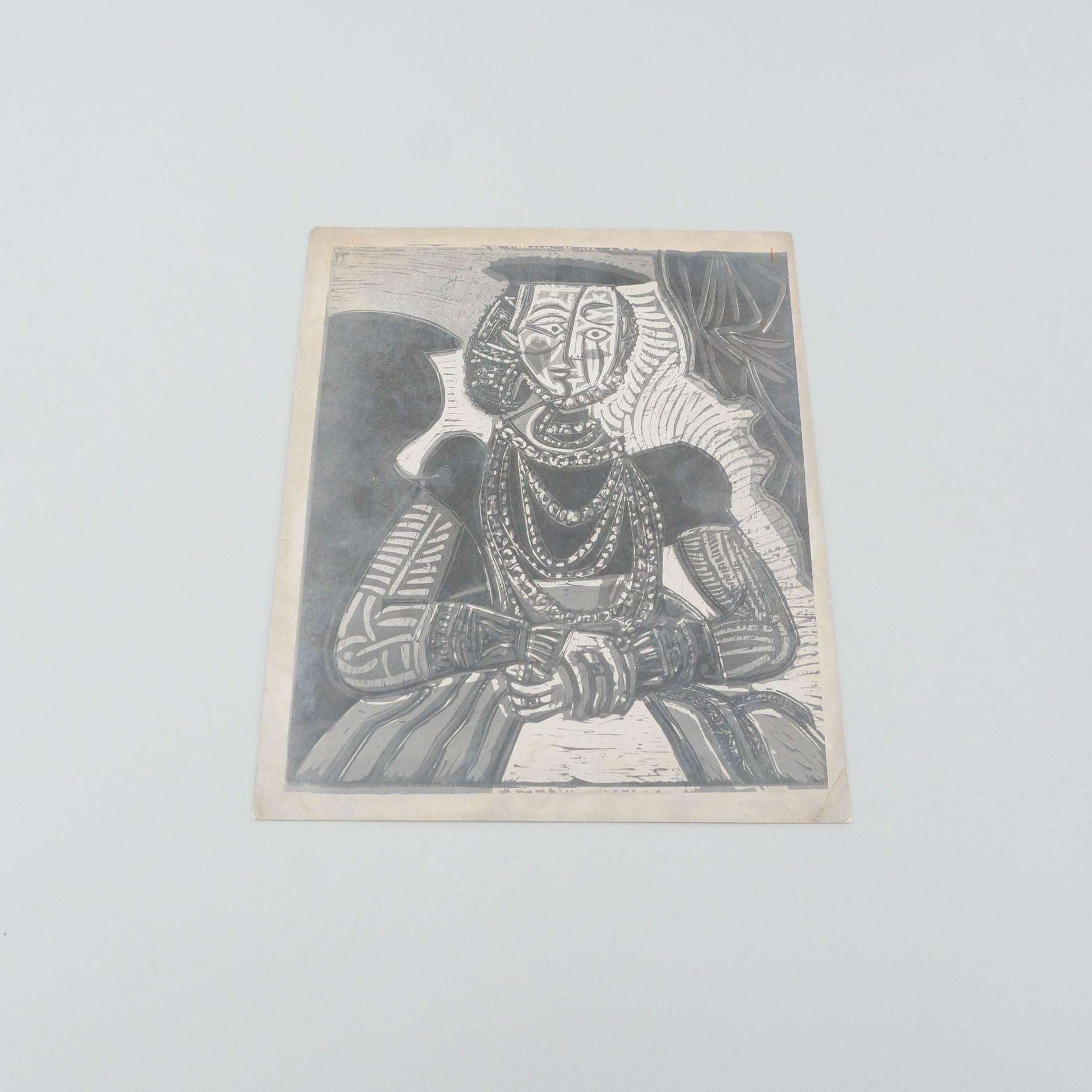 Black and white photography of Picasso Linocut 'Bust the Femme D'Apres Cranach Le Jeune' by Richard J.Misch from 1972.

In original condition, with minor wear consistent with age and use, preserving a beautiful