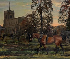 Gentleman on Horseback beside a Village Church British Equestrian Oil Painting