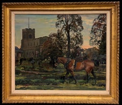 Gentleman on Horseback beside a Village Church British Equestrian Oil Painting