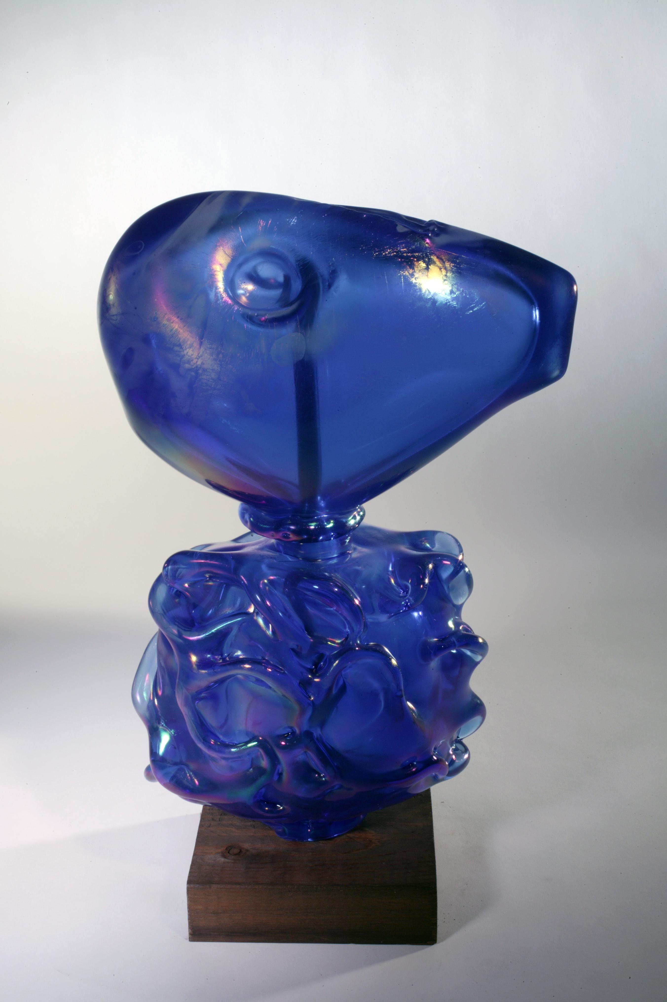 Richard Jolley Still-Life Sculpture - FROM WATER IRIDESCENT COBALT - blue blown glass sculpture