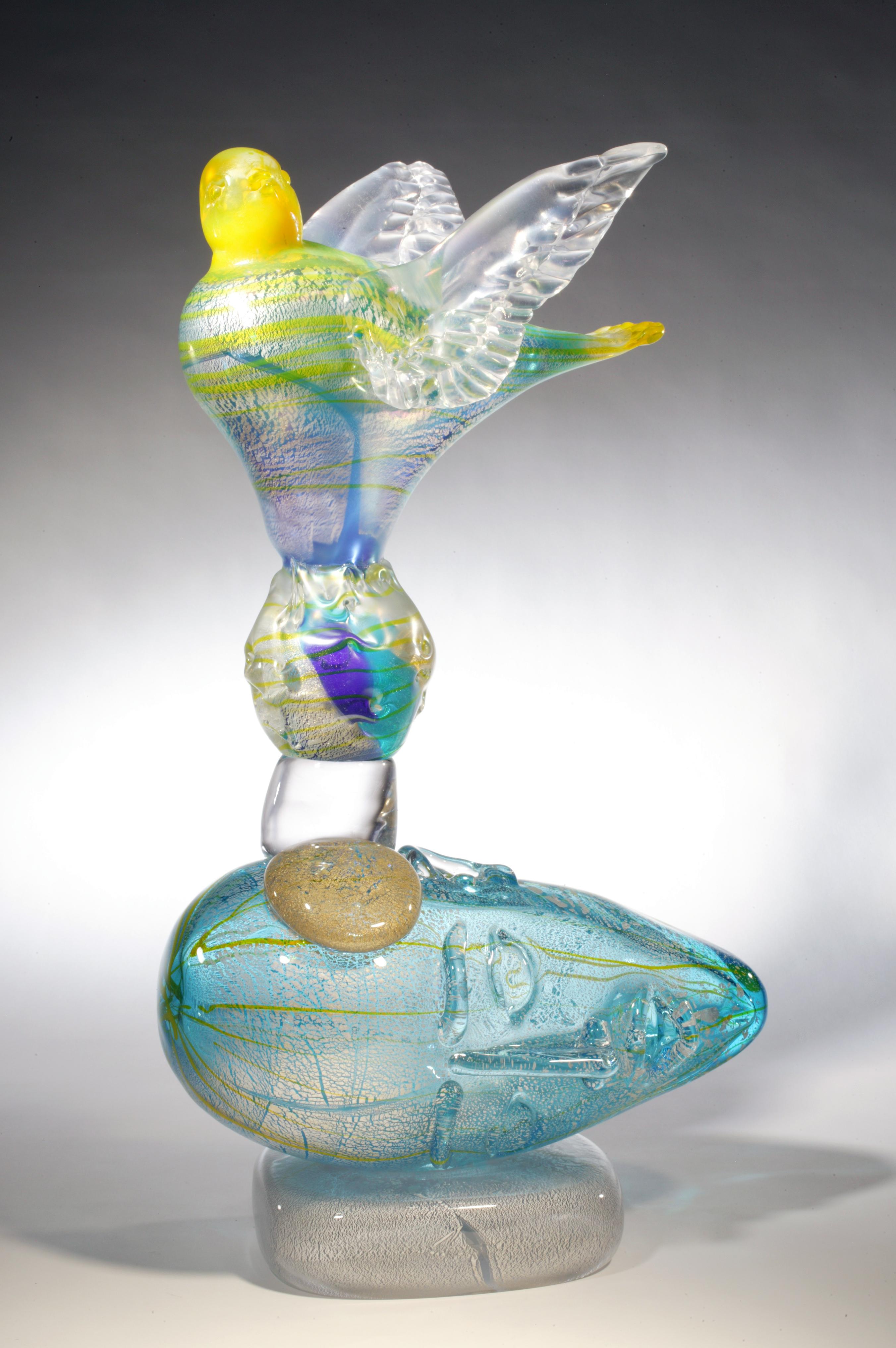 Richard Jolley Figurative Sculpture - SUSPENDED IN DREAMS AND GOLD COSMOS - blue and yellow blown glass sculpture
