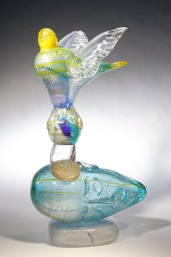 SUSPENDED IN DREAMS AND GOLD COSMOS - blue and yellow blown glass sculpture
