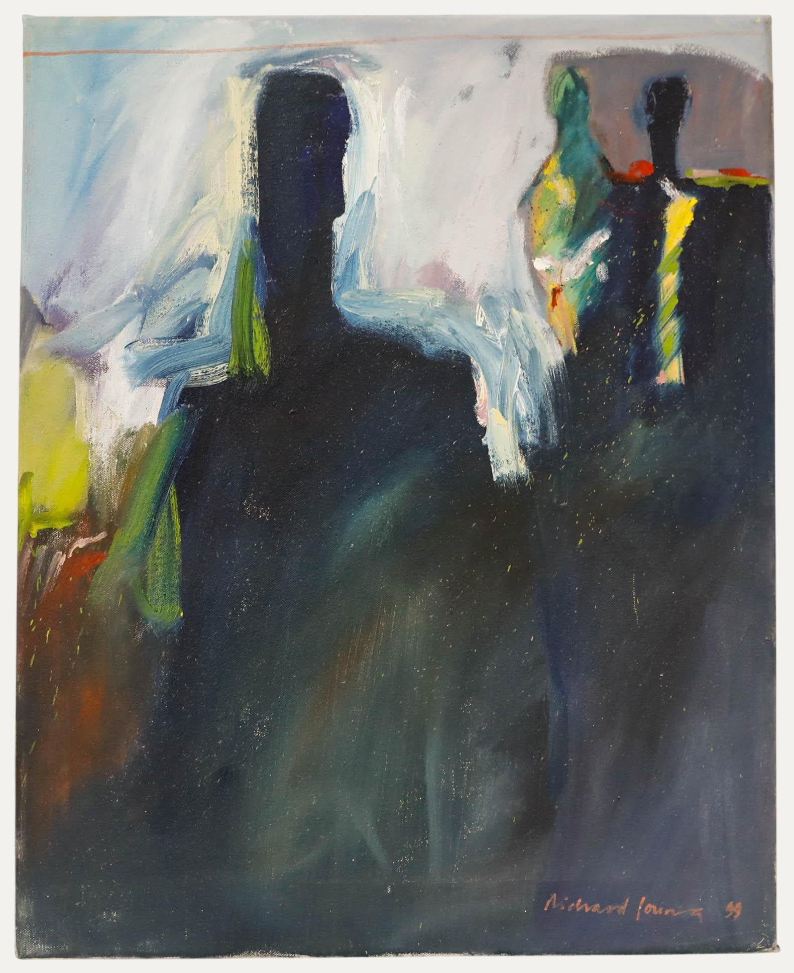 Dark figures are silhouetted against brilliant light in this striking composition by Richard J.S. Young. Much of the canvas is dark, broken only by the flashes of colour that outline the figures. This, combined with Young's blurry, expressive