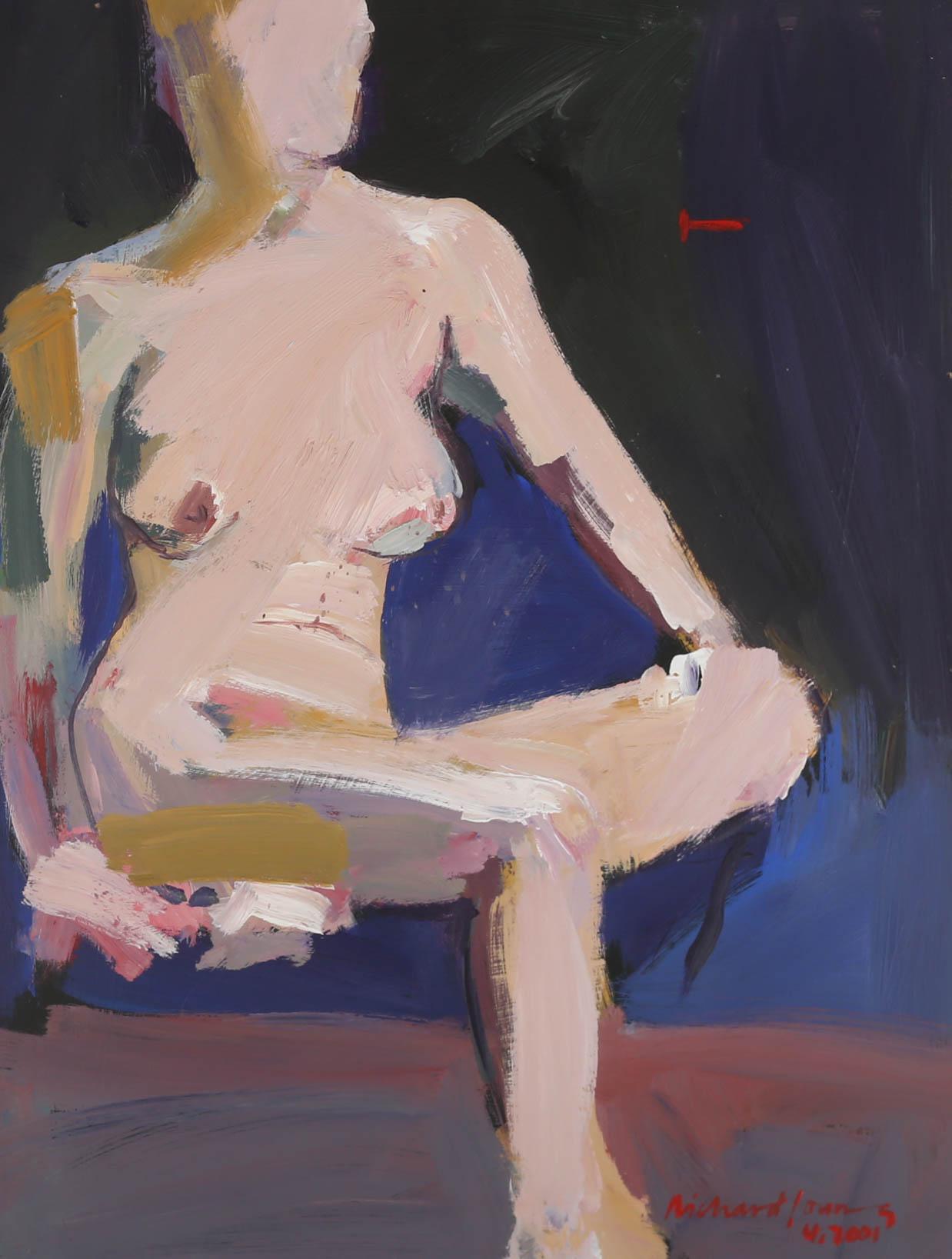 A striking, expressive nude study depicting a female model seated against a dark blue background. Signed and dated to the lower right. On board. 