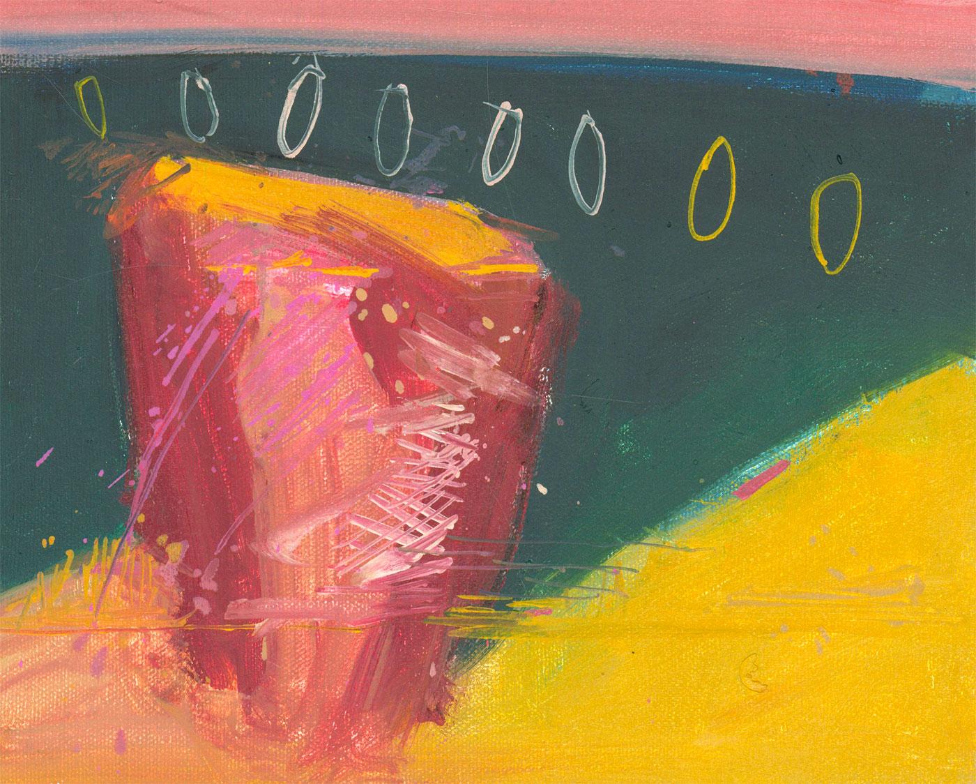 Una raffinata composizione astratta ad olio dell'artista Richard J.S. Giovane. Dipinto in modo espressivo con forme simboliche. Senza segno. Su tela su barelle.