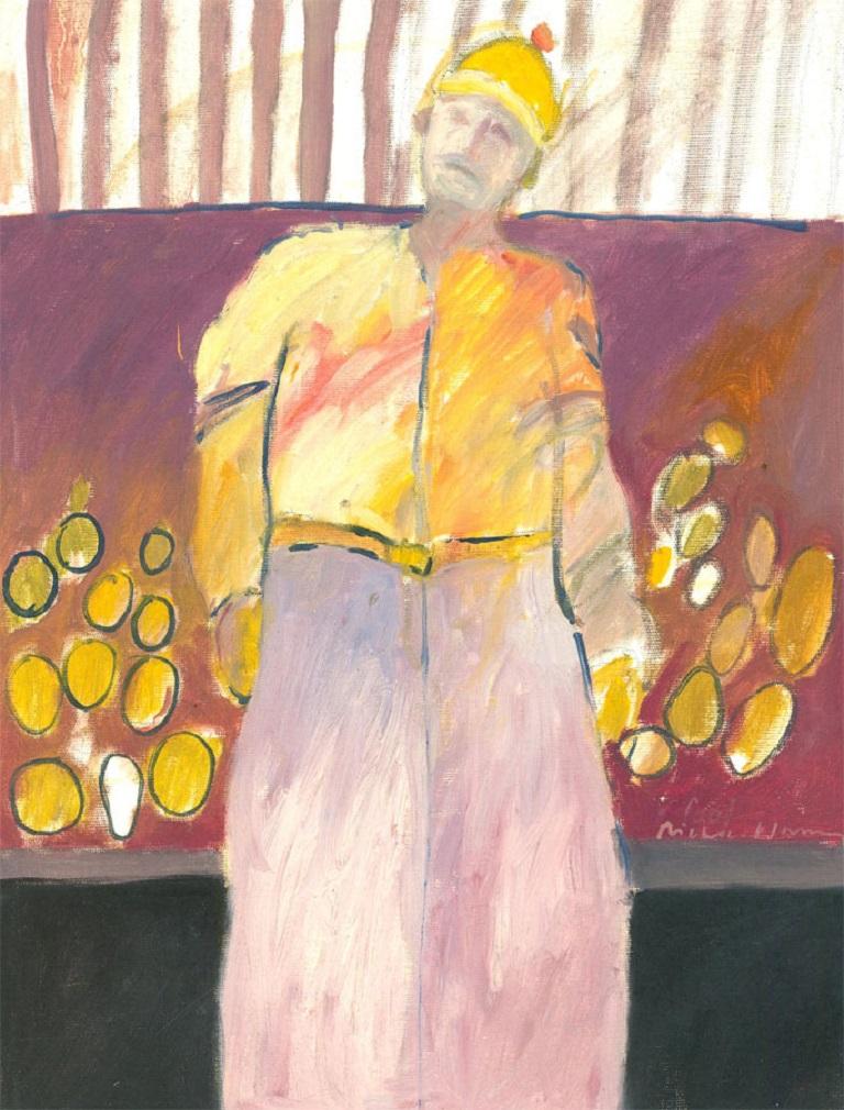 In this dynamic self portrait, the artist captures himself sporting a yellow bobble hat. The yellow is reflected in the striking background of pink strikes and yellow circles. Unsigned. Titled to the reverse. On canvas board. 