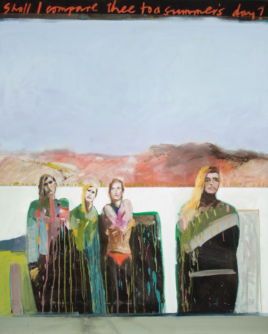 An excellent original contemporary oil on canvas, from British artist Richard J.S. Young. Depicting four female figures in a mix of figurative and abstract styles, the expressive brushstrokes visible in the background contrast the more detailed