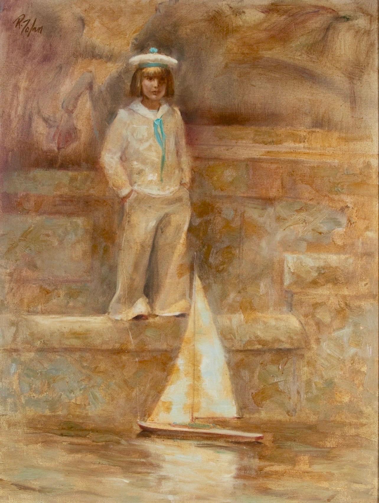 Gran cuadro impresionista americano Chica marinera con barco de juguete Richard Zolan - Portrait Painting Marrón de Richard Judson Zolan