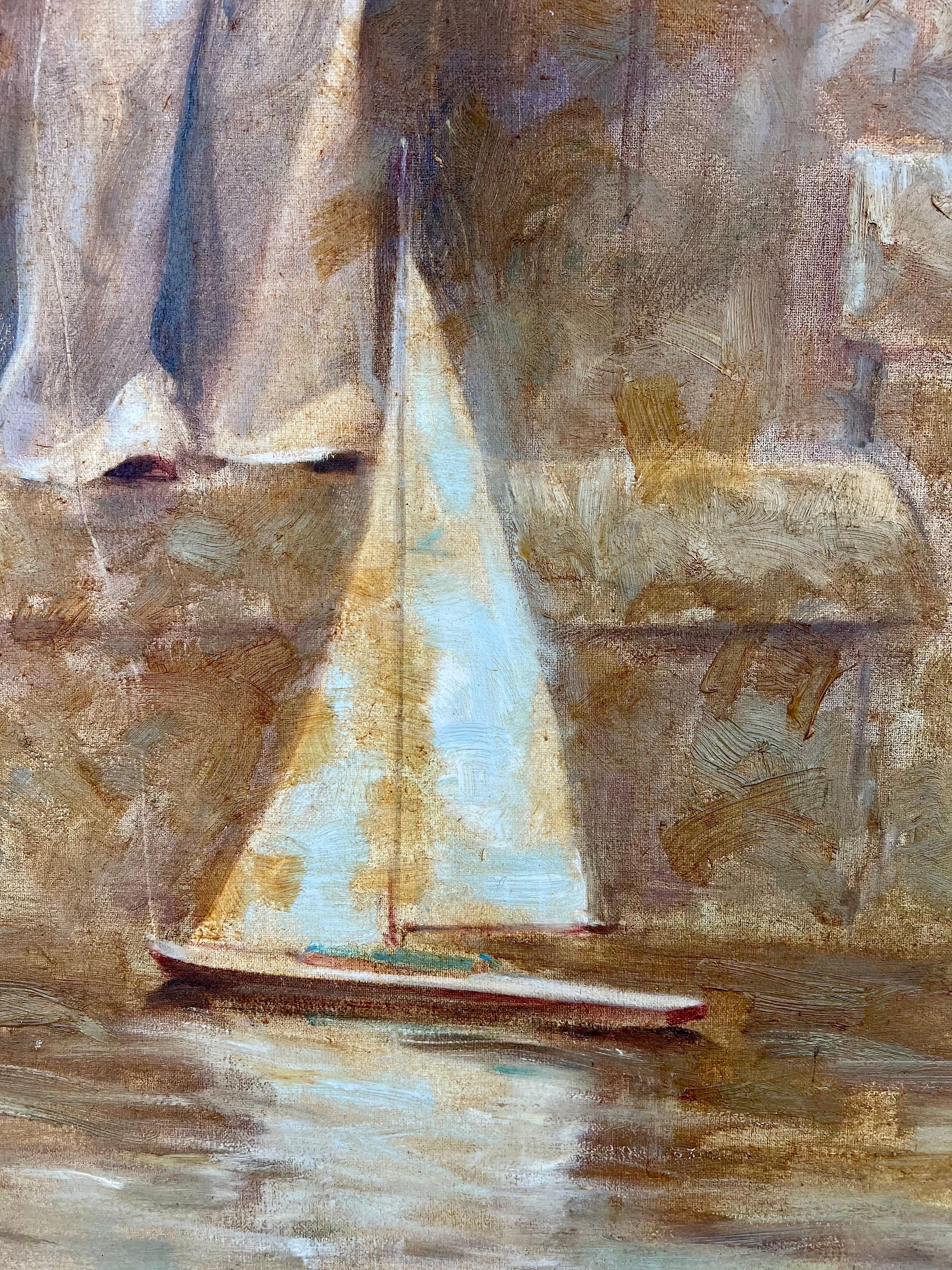Gran cuadro impresionista americano Chica marinera con barco de juguete Richard Zolan en venta 2