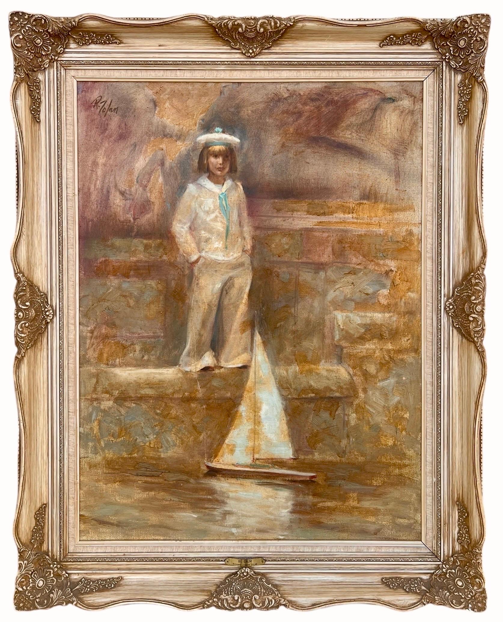 Portrait Painting de Richard Judson Zolan - Gran cuadro impresionista americano Chica marinera con barco de juguete Richard Zolan