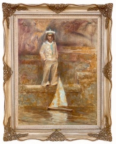 Grande peinture impressionniste américaine représentant une jeune marine avec un bateau à jouets Richard Zolan