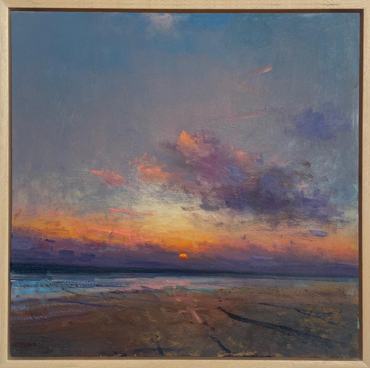 A warm sunset over Norfolk's Cromer beach.

Between Thoughts is a sublime oil painting that captures the mesmerizing tranquility of a sunset over thw North Sea. The horizon is ablaze with vibrant hues, transitioning from intense oranges and pinks to