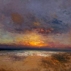 El último sol. Richard K Blades. Pintura de mar al atardecer. Influencia de Turner.