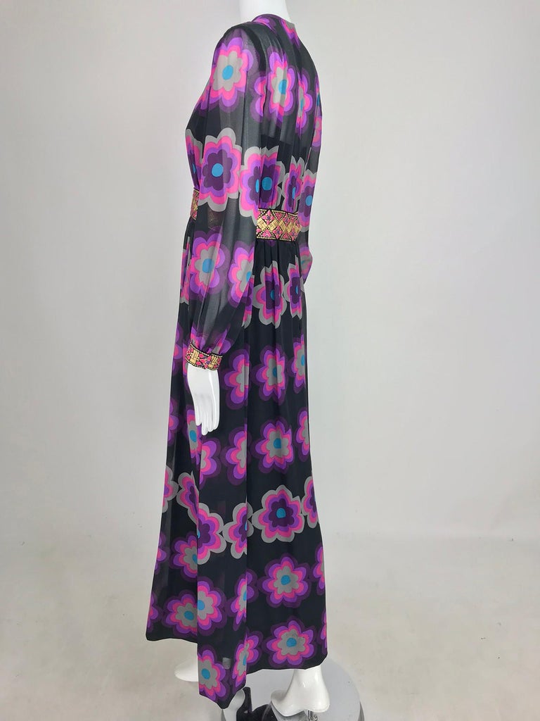 Richard Kaplan Bold Floral Print Chiffon Jewel Maxi Dress 1960s at ...