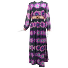 Richard Kaplan Bold Floral Print Chiffon Jewel Maxi Dress 1960s