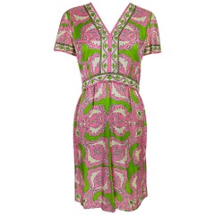 Richard Kaplan Silk Print 1960s Dress in Lime Green and Pink 
