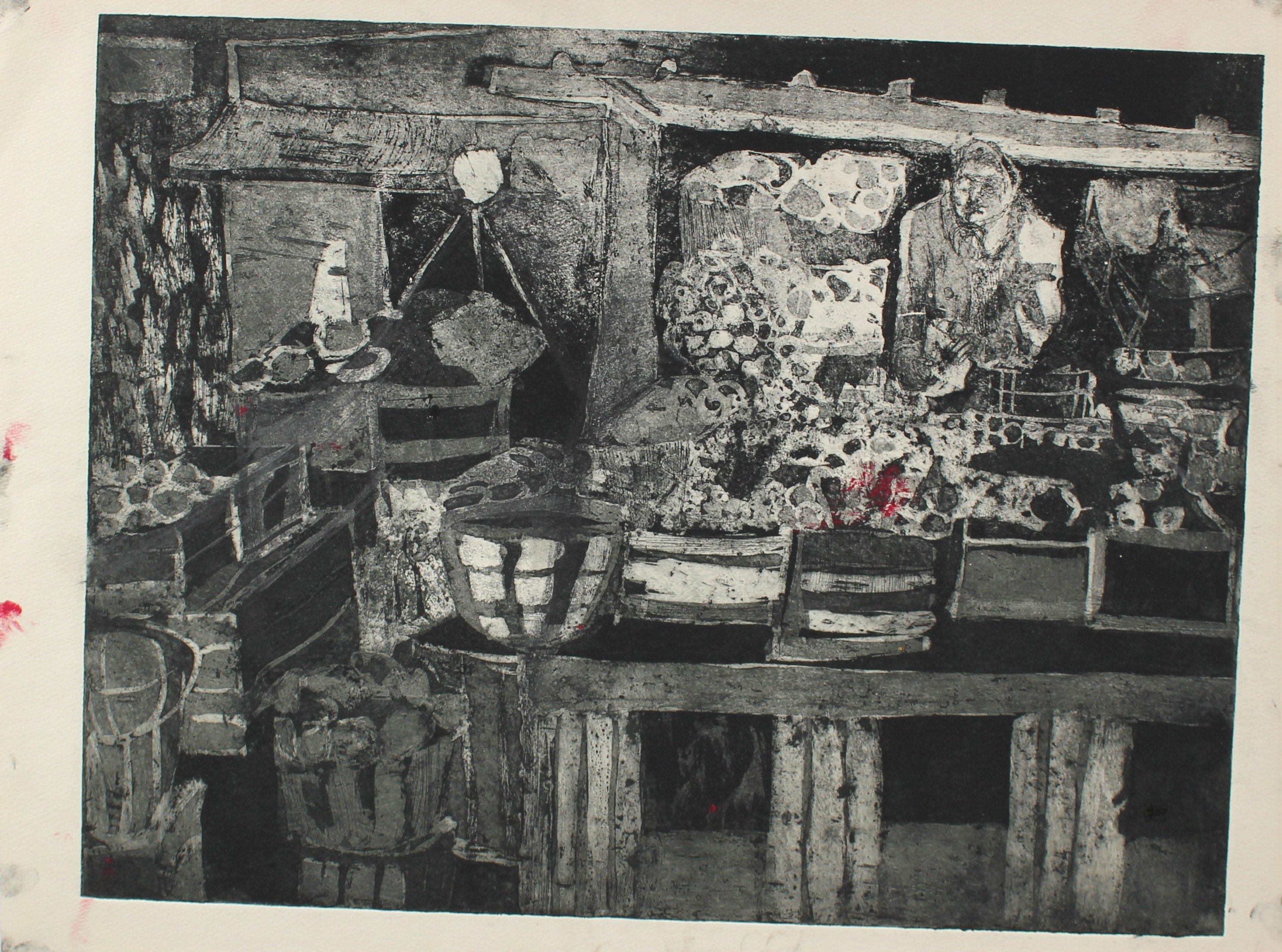 Monochromatic Abstracted Marketplace Scene Etching 1950-60s - Print by Richard Karwoski
