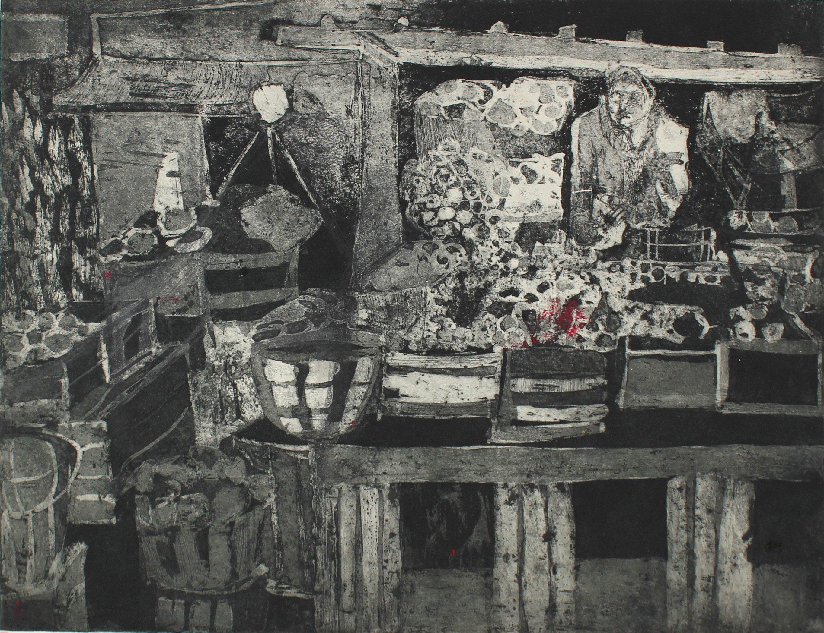 Richard Karwoski Still-Life Print - Monochromatic Abstracted Marketplace Scene Etching 1950-60s