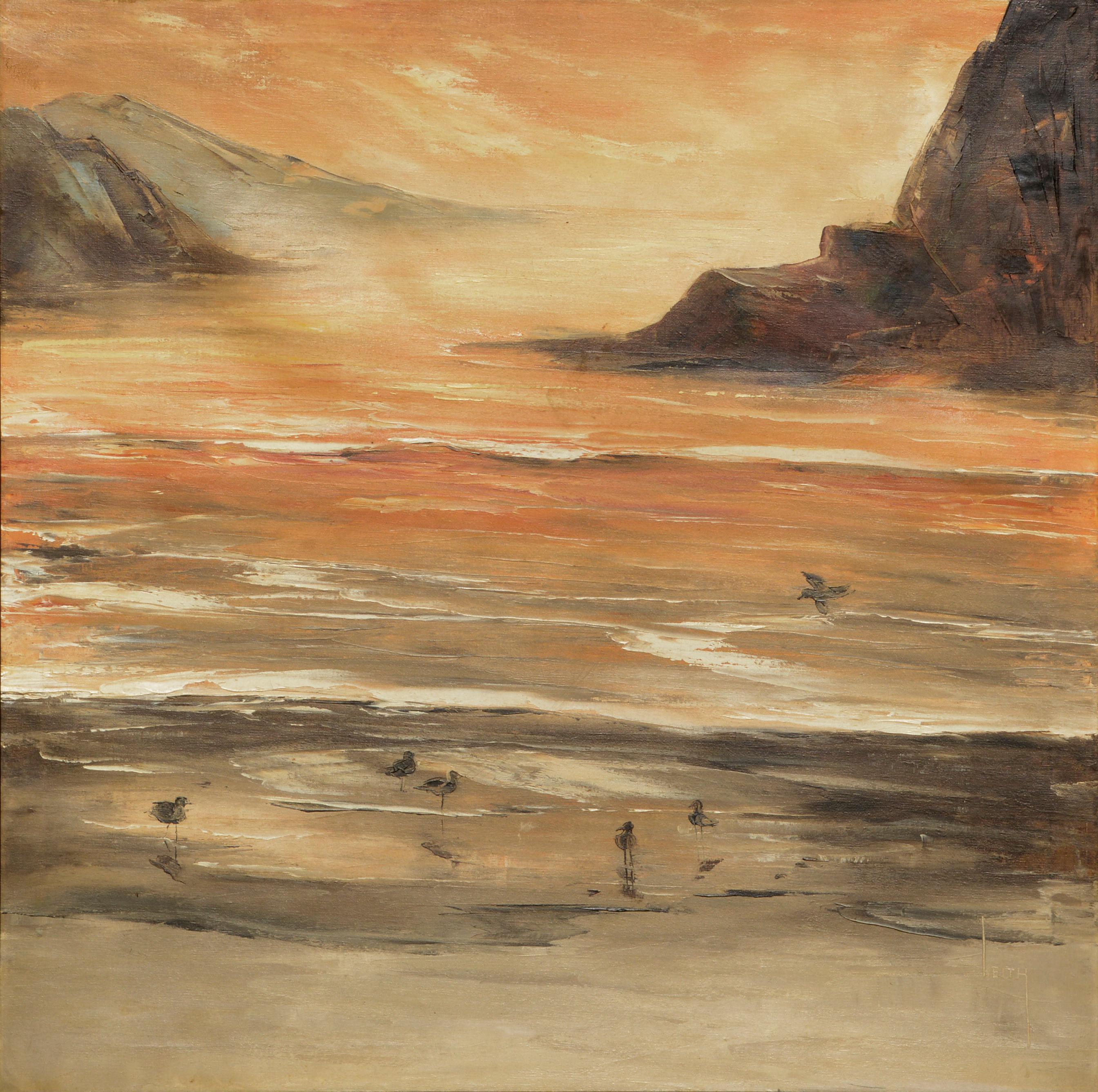 Paesaggio all'alba vintage - Piovanelli sulla riva in olio su tela - Painting di Richard Keith