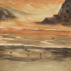 Vintage Sunrise Landscape - Sandpipers on the Shore in Oil on Canvas