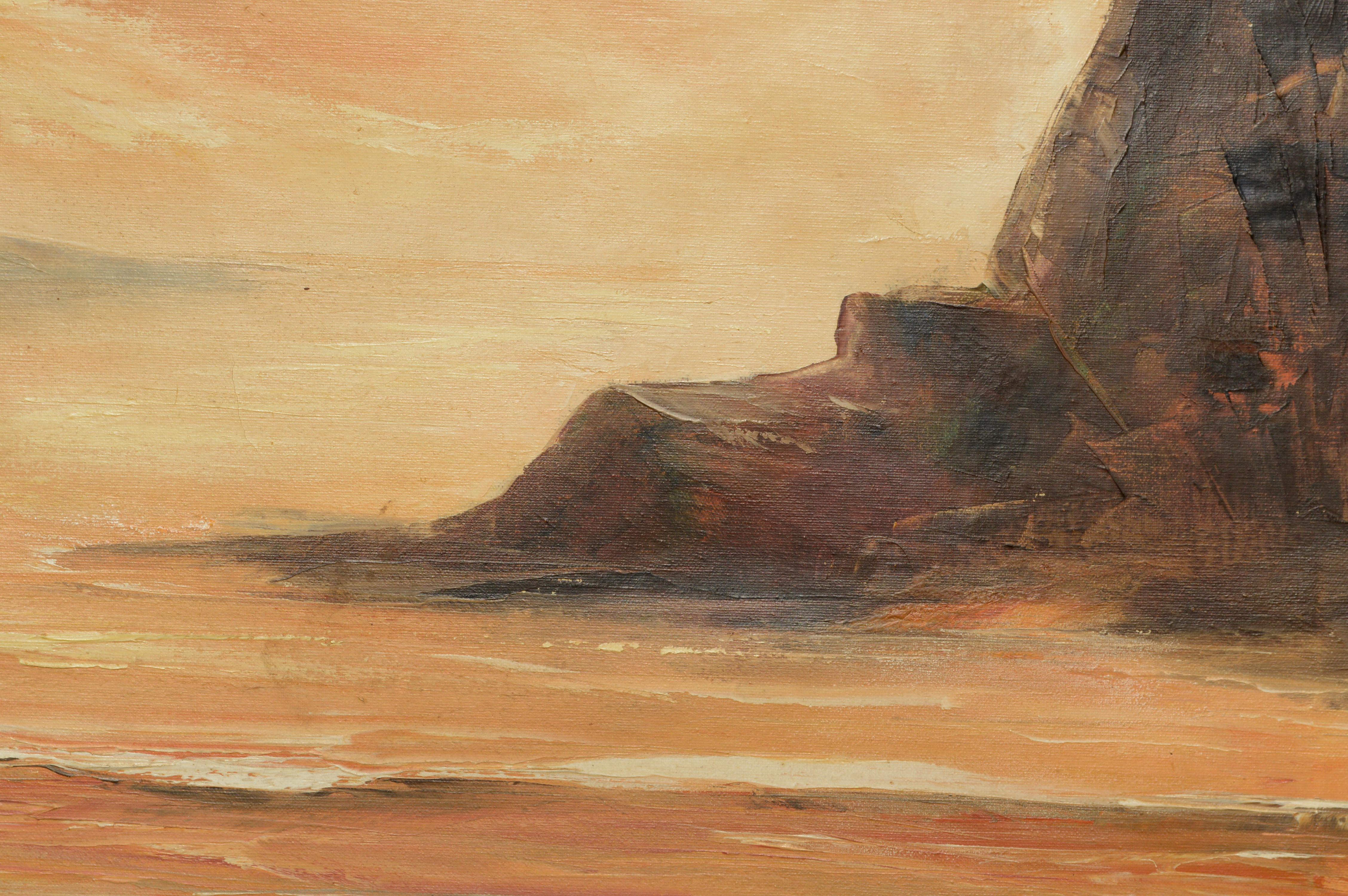 Paesaggio all'alba vintage - Piovanelli sulla riva in olio su tela - Landscape Painting Marrone di Richard Keith