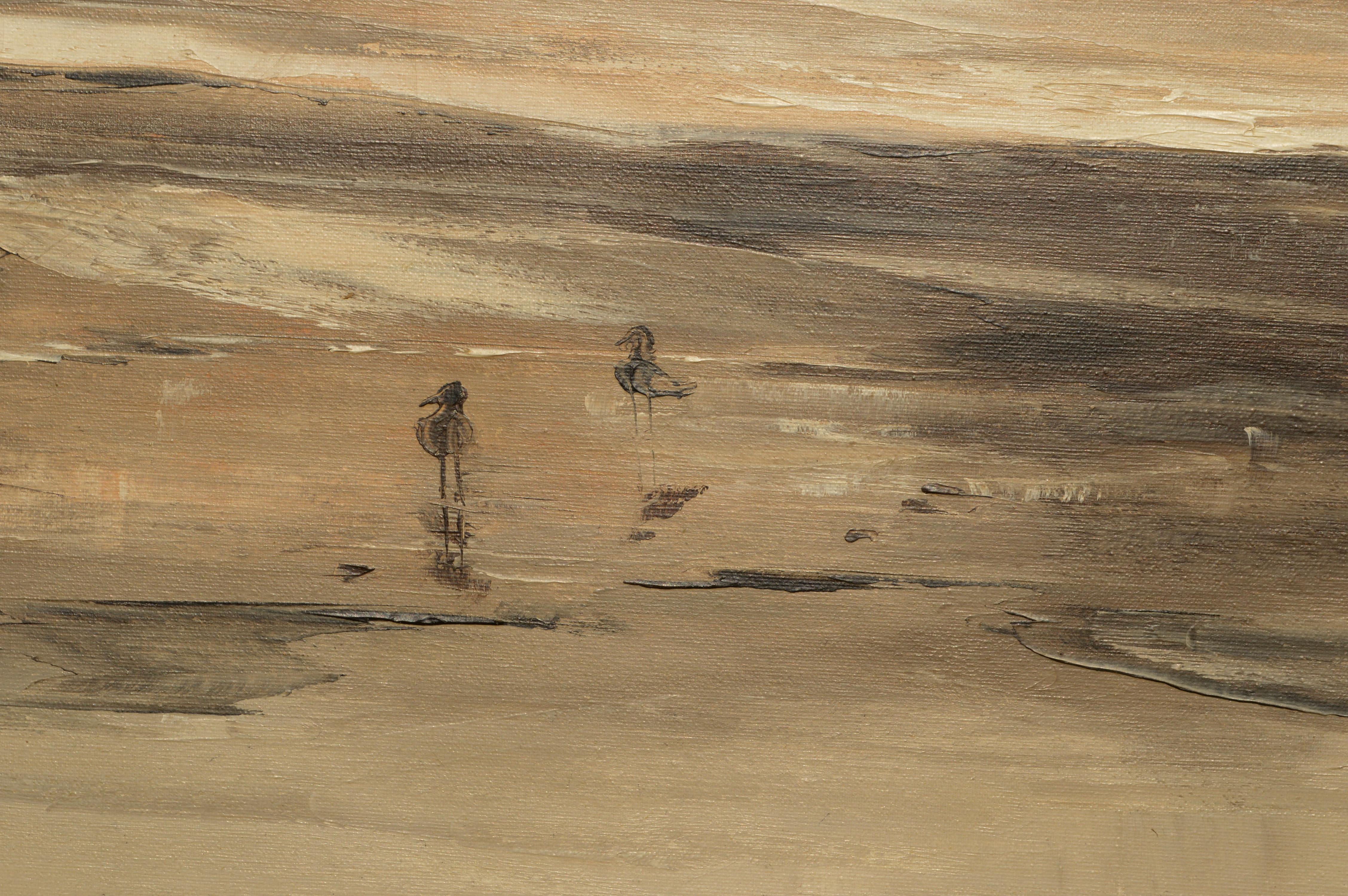 Paesaggio all'alba vintage - Piovanelli sulla riva in olio su tela

Splendido paesaggio di una costa con i colori caldi dell'alba dell'artista di San Diego Richard Keith (americano, 1937-2003). Piccoli piovanelli cacciano nel basso fondale delle