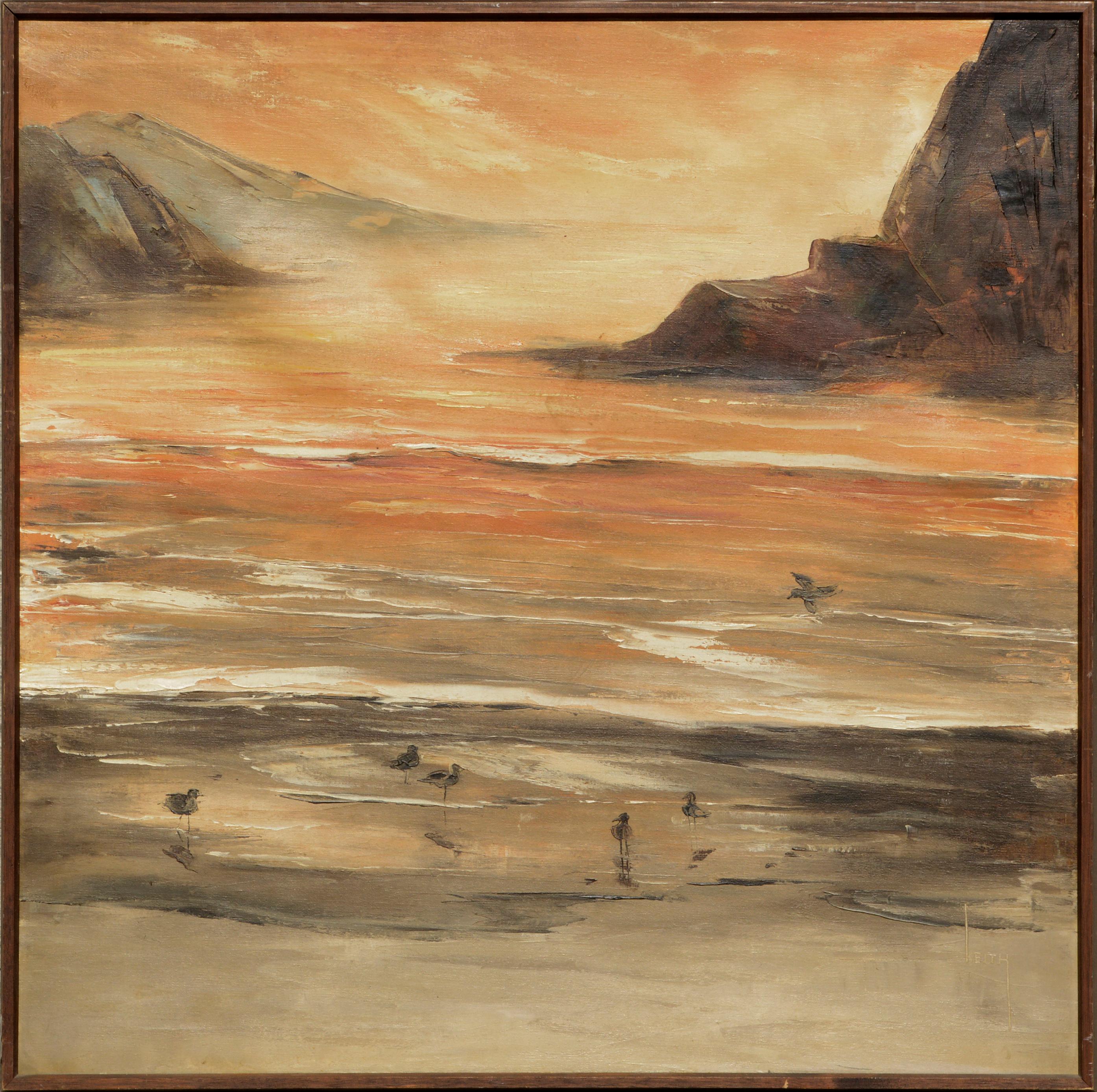 Landscape Painting di Richard Keith - Paesaggio all'alba vintage - Piovanelli sulla riva in olio su tela