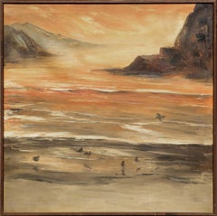Vintage Sunrise Landscape - Sandpipers on the Shore in Oil on Canvas