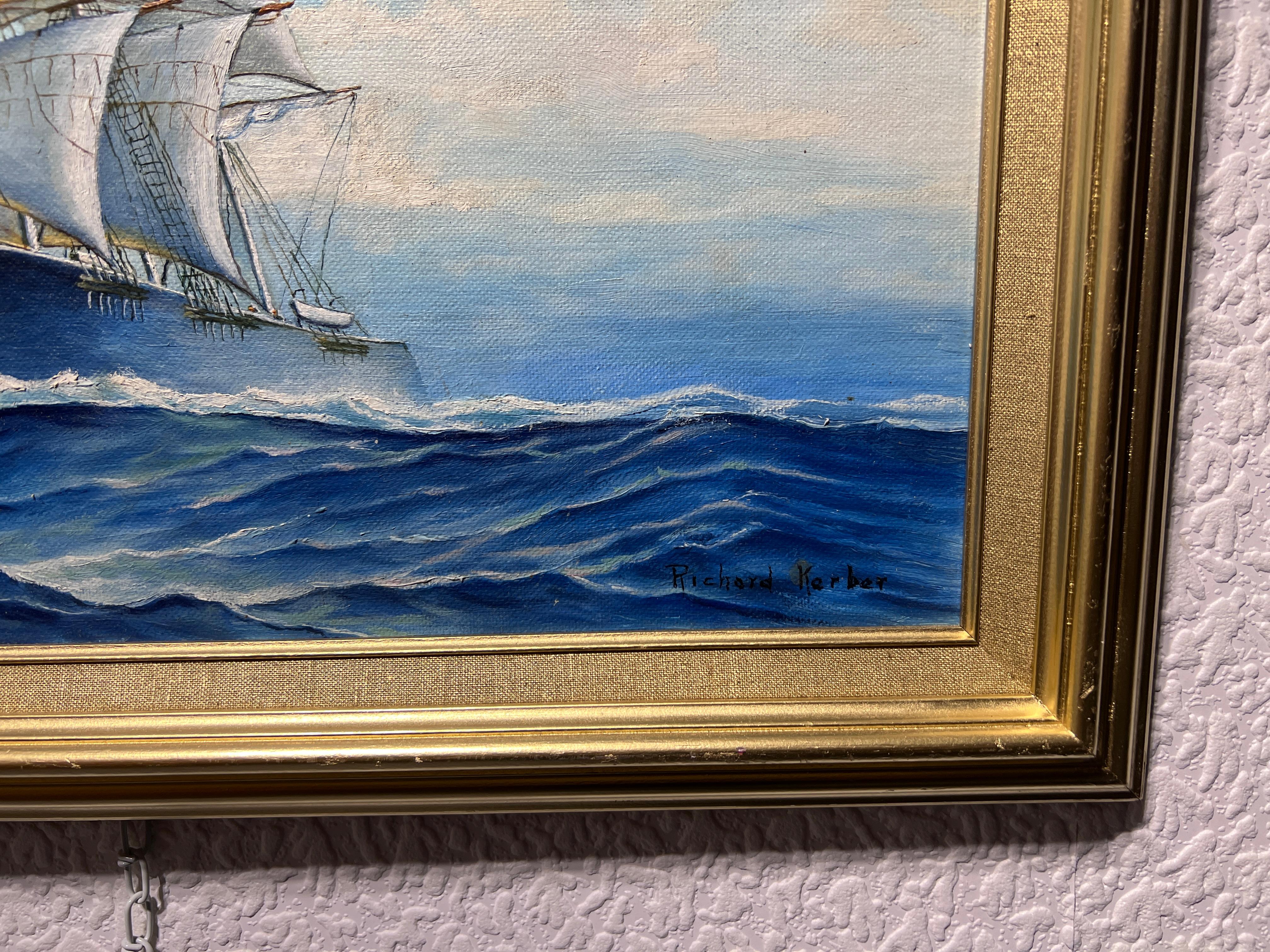 American Artist Richard Kerber Vintage oil painting on board, Seascape, Framed For Sale 6
