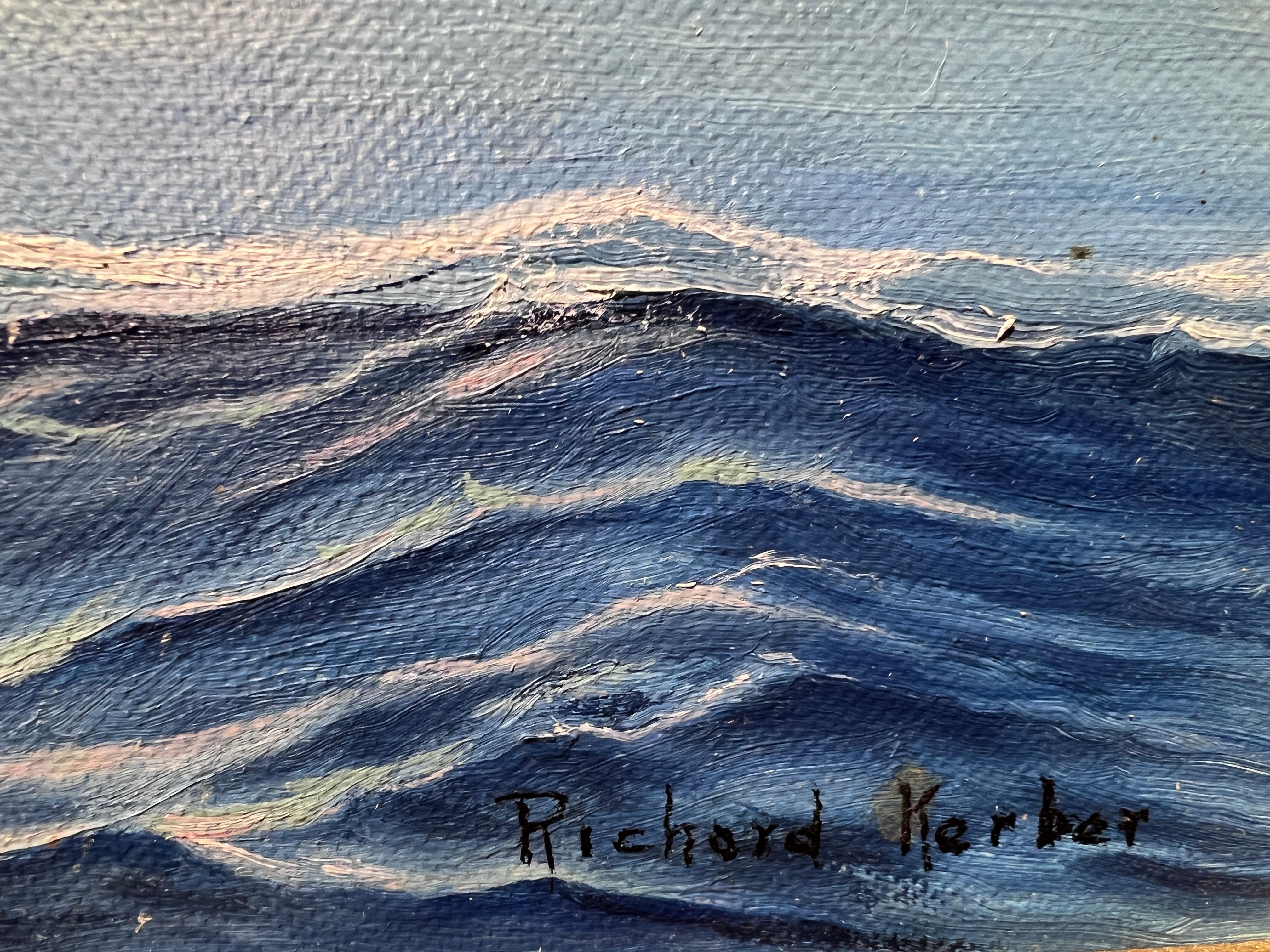 American Artist Richard Kerber Vintage oil painting on board, Seascape, Framed For Sale 7