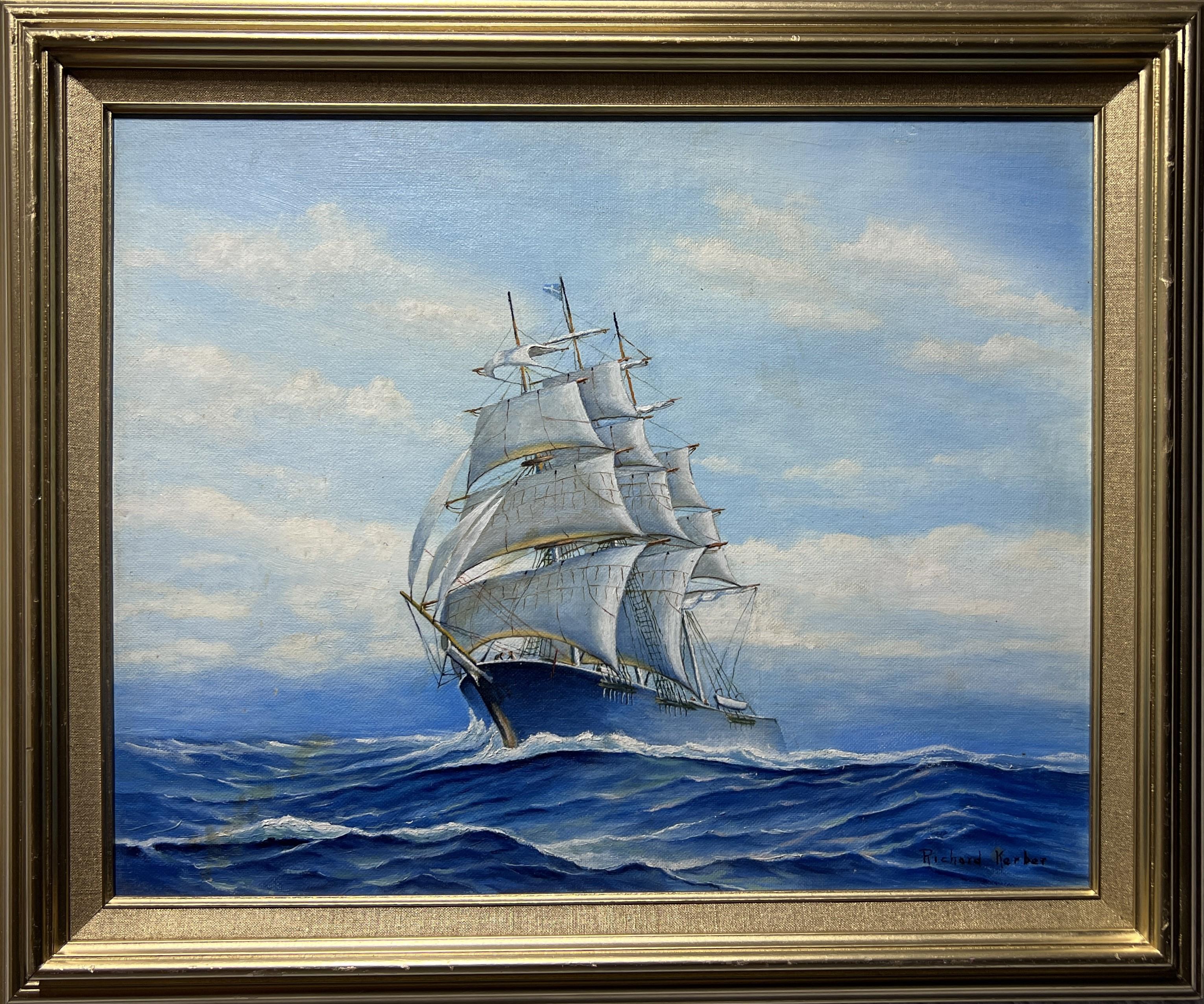 This is an original vintage oil painting on board by Massachusetts Artist Richard Kerber depicting a nautical scene, with a large sailing ship in a choppy ocean. 

This is a classic maritime style, one that is so rarely seen nowadays. A wide array