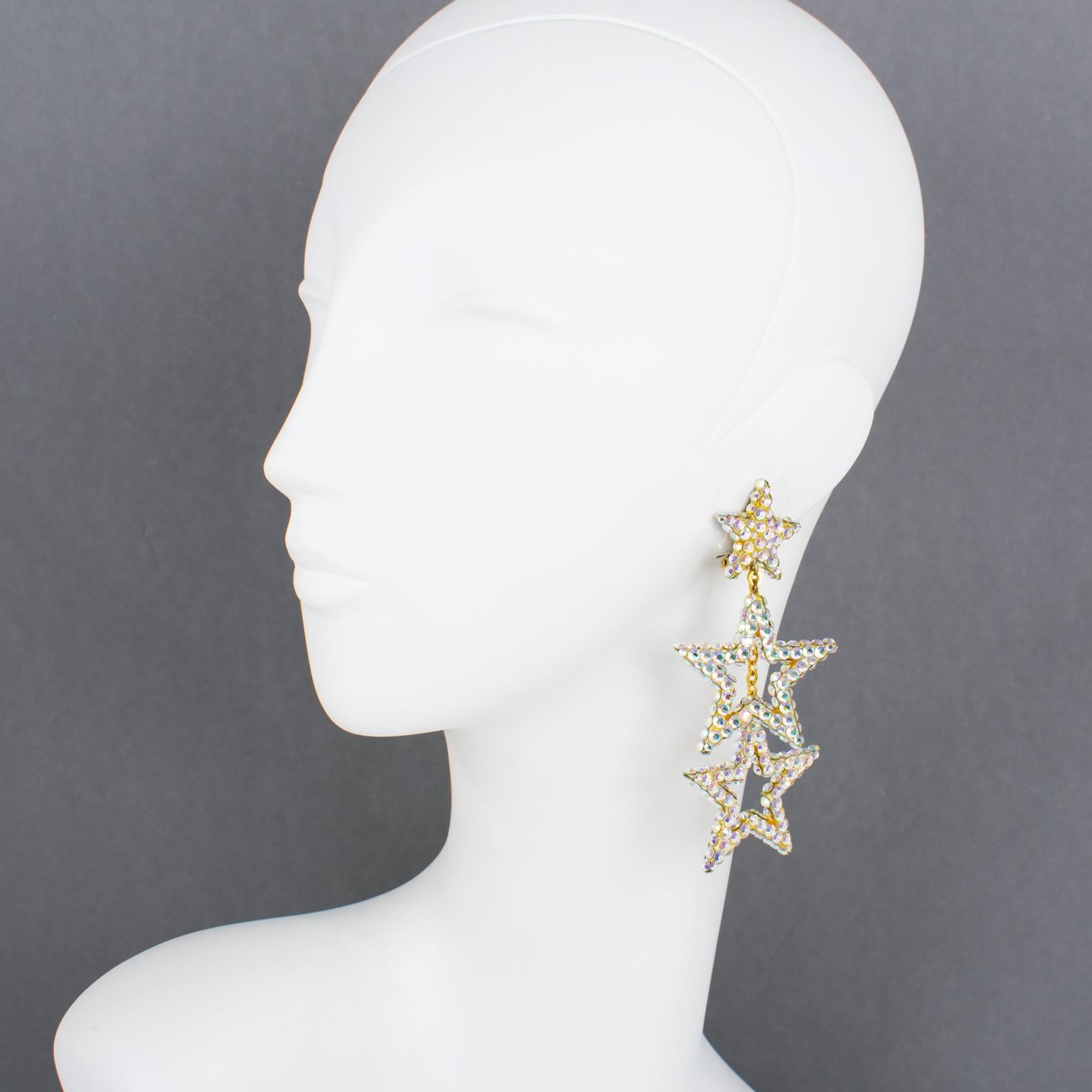 Modern Richard Kerr AB Jeweled Dangle Clip Earrings Cascading Stars For Sale